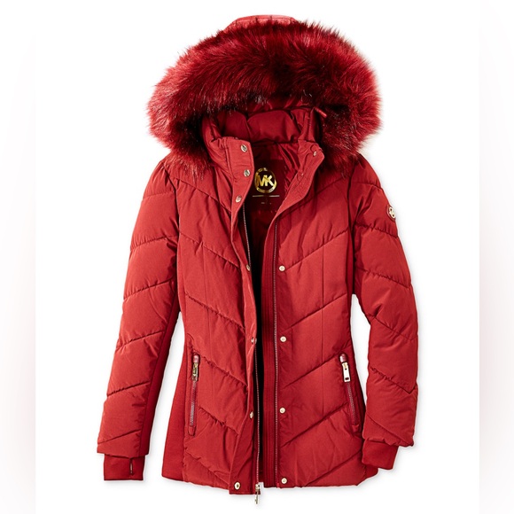 Michael Kors Women’s Faux-Fur Hooded Puffer Coat-Burgundy-Size Large NWT💋 - Picture 3 of 7